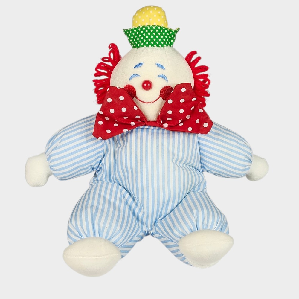Vintage Eden Toys Clown Plush 13" Blue White Striped Polka Dot Bow Tie